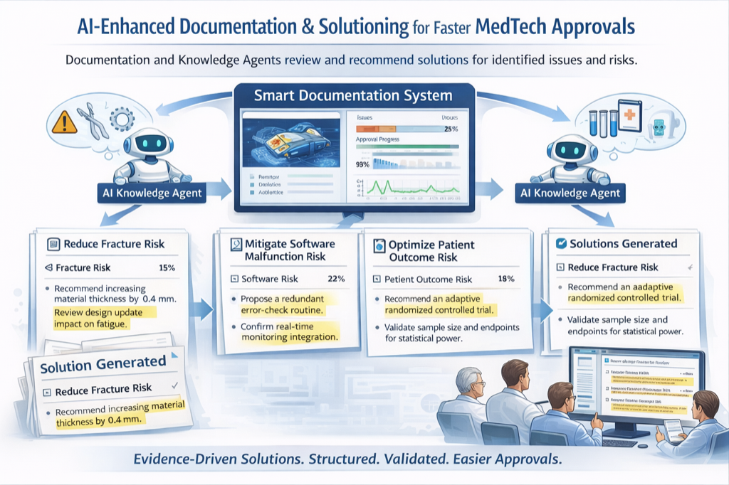 AI-powered documentation system showing automated regulatory document generation including risk analysis, traceability matrix, and verification planning