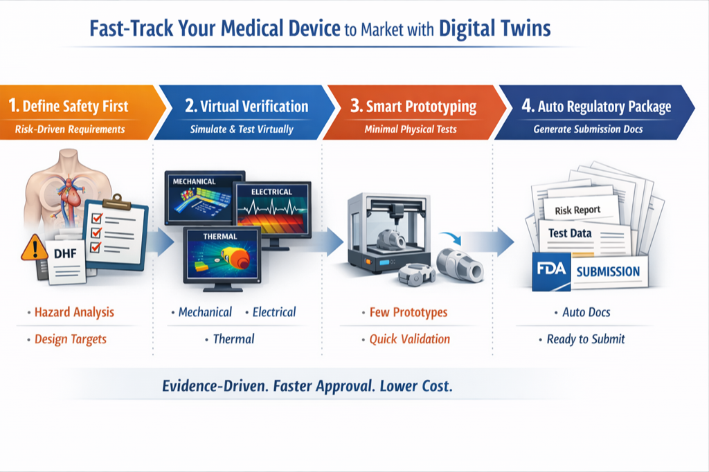 Four-phase medical device development process showing the progression from safety requirements through virtual verification, smart prototyping, and automatic regulatory package generation