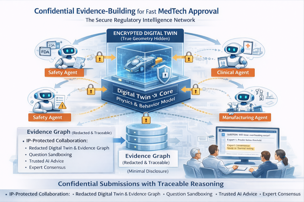 Confidential evidence-building network architecture showing secure collaboration between startups and domain experts with IP-protected information sharing